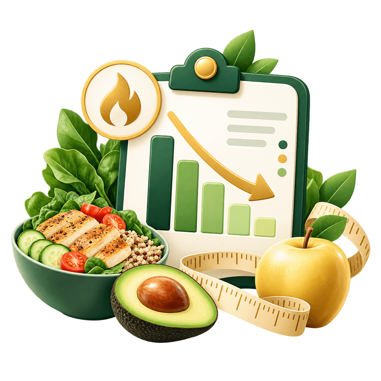 Calorie deficit calculator with healthy food and downward calorie chart