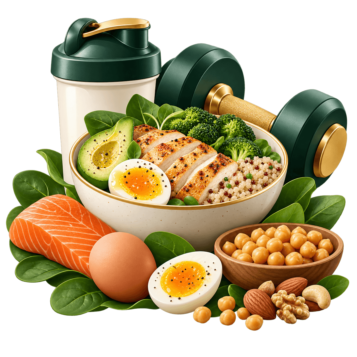 Protein intake calculator with high protein foods and dumbbell