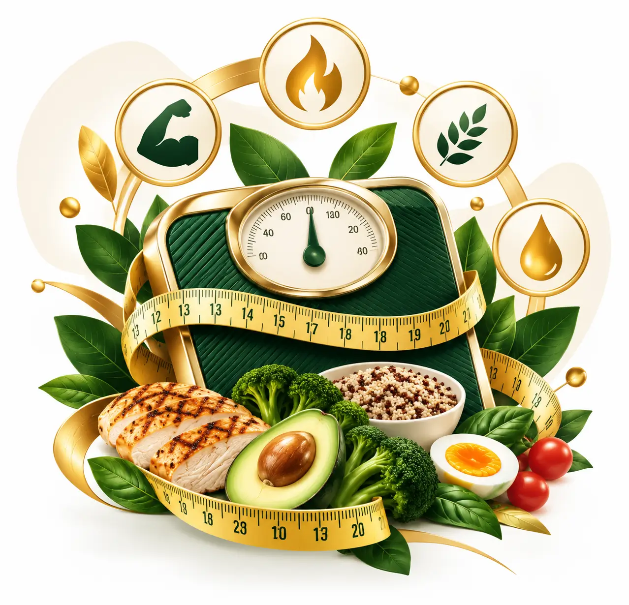 Healthy mass and calorie calculator with protein-rich foods and fitness training