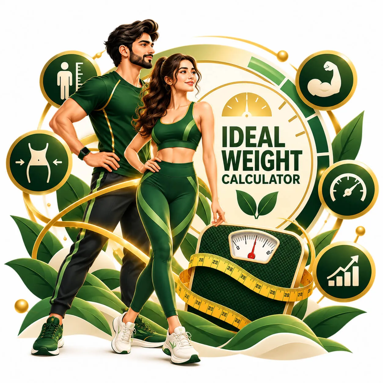 Ideal weight calculator with weighing scale and measuring tape