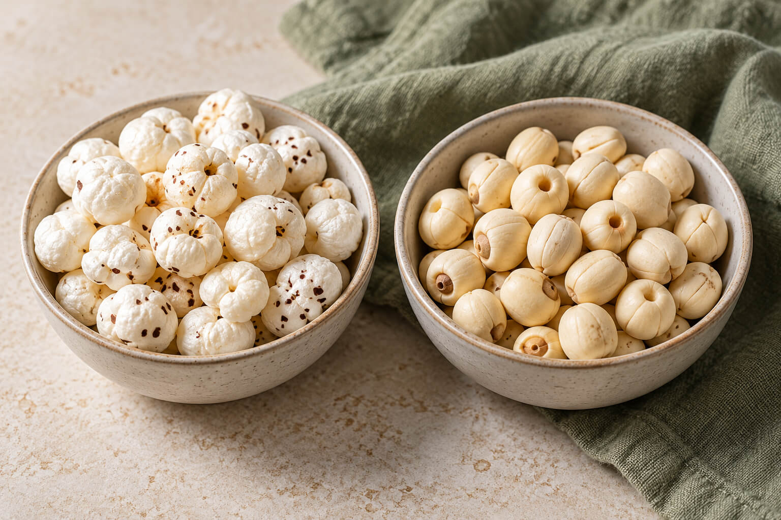 Illustration comparing popped makhana on the left with dried peeled lotus seeds on the right.