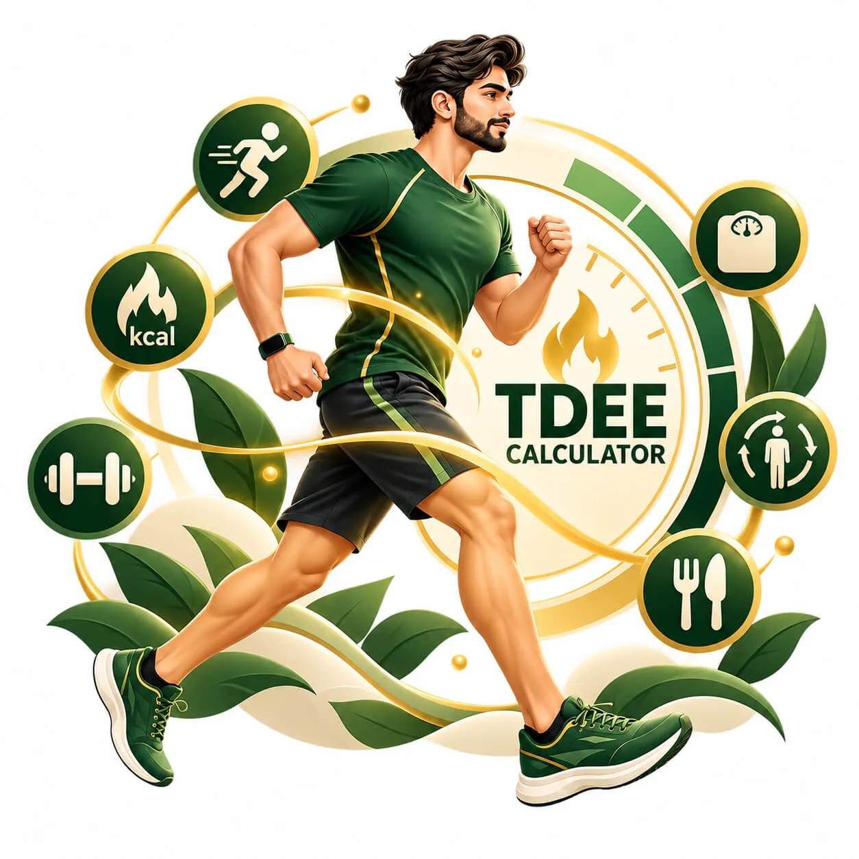 TDEE calculator United Kingdom with active runner and daily energy symbols