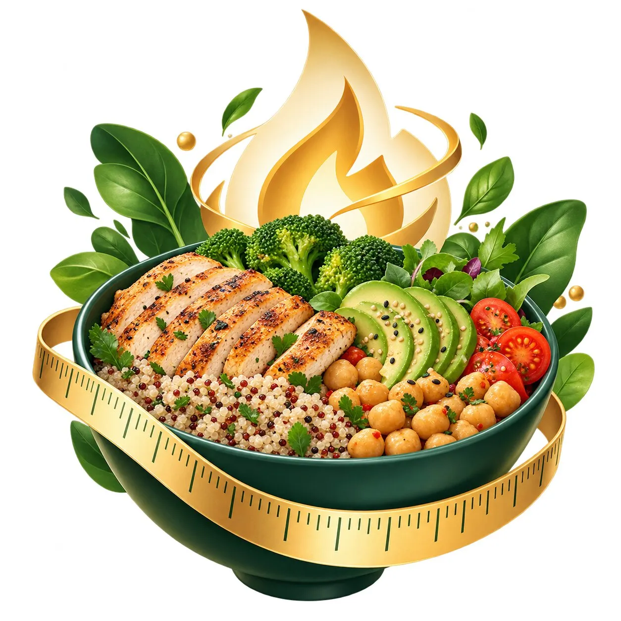 Calorie calculator United Kingdom with healthy meal and energy flame